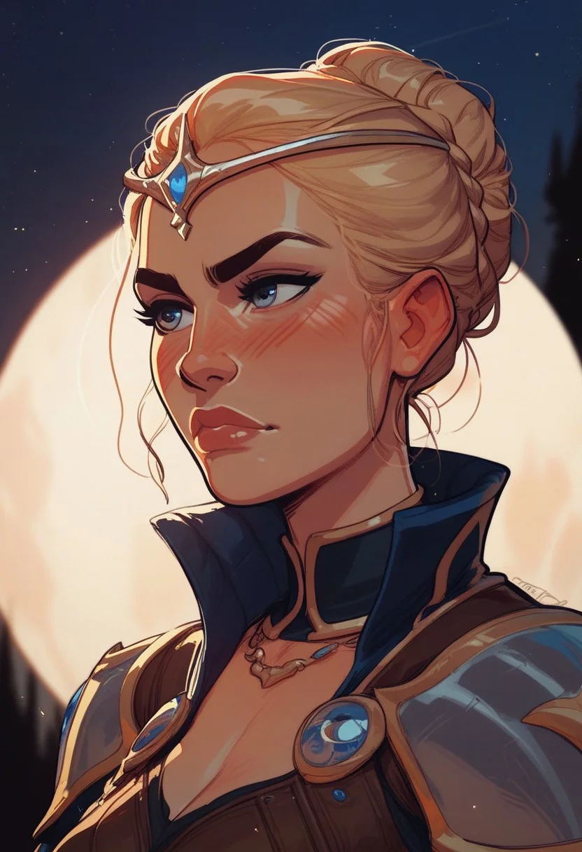 score_9, score_8_up, score_8, score_7_up, score_7, score_6_up, score_6, score_5_up, beautiful blonde, long straight hair, hair in a bun, golden circlet, armor, necklace, (flat stomach, narrow hips):1.4, pouty expression, blush, vox machine style, 1girl, female focus, solo, close up portrait , fantasy, moon, moon light, night background, (dynamic lighting:1.1)
((masterpiece))