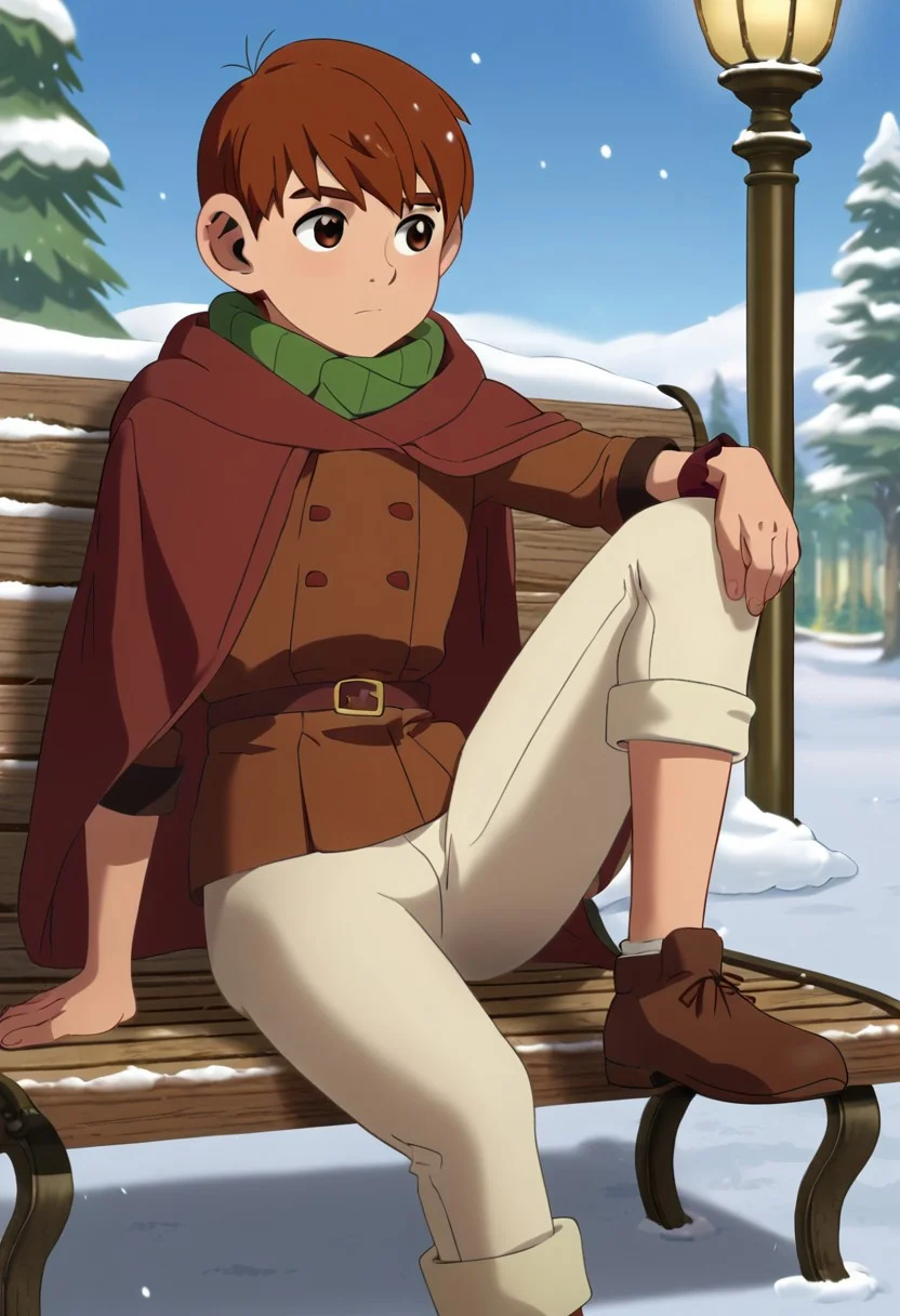 chilchuck_tall, chilchuck_tims, brown hair, handsome, teen, brown eyes, solo, outdoor, afternoon sky, sit on bench, publick park in the background, wear navy red cloak, wear white pants, leg spread, snowy