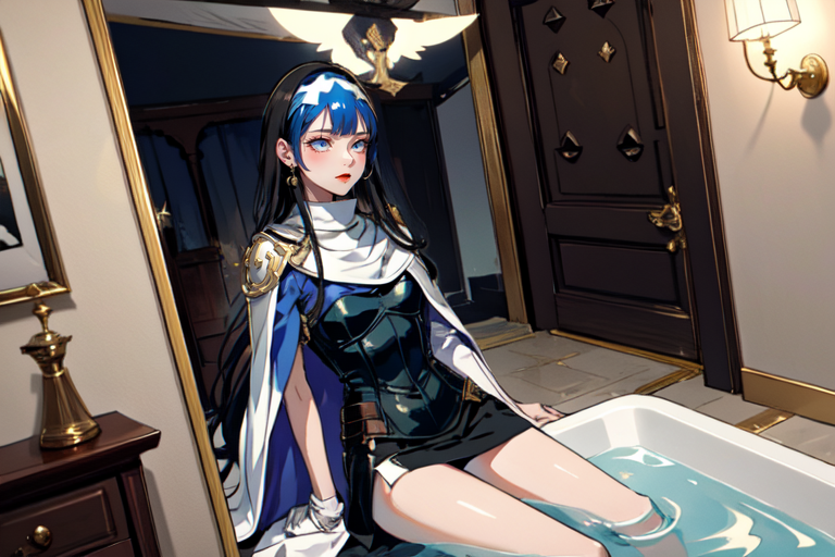 highly insanely detailed, masterpiece, top quality, best quality, highres, 4k, 8k, RAW photo, (very aesthetic, beautiful and aesthetic),  
beth_\(megami_tensei\),bethsmtii,shin megami tensei ii,long hair,black hair,straight hair,sleek black,jewelry,cross,headband,red_lipstick,white cape,cape_with_messian_symbol,Religious_cape,messian_symbol_cape,holy_knight_cape,Blue_dress,armored_corset,blue shirt,Tokyo_Millennium,post-apocalyptic_city,dystopian_world,Millennium_News_Network,City_news,propaganda_broadcasts,information_contro,Order_of_Messiah,Religious_order,messianic_cult,divine_rulers, 
<lora:zs_Beth:0.5>, 
(1girl:1.3), 1other, 
(vintage Room divider) made of velvet material, metallic gold color, minimalist style, adjustable height, carved legs, glossy finish, crystal accents, located in a luxurious bathroom with a freestanding bathtub, marble countertops, soft lighting, at sunset,soft lavender background,âââ