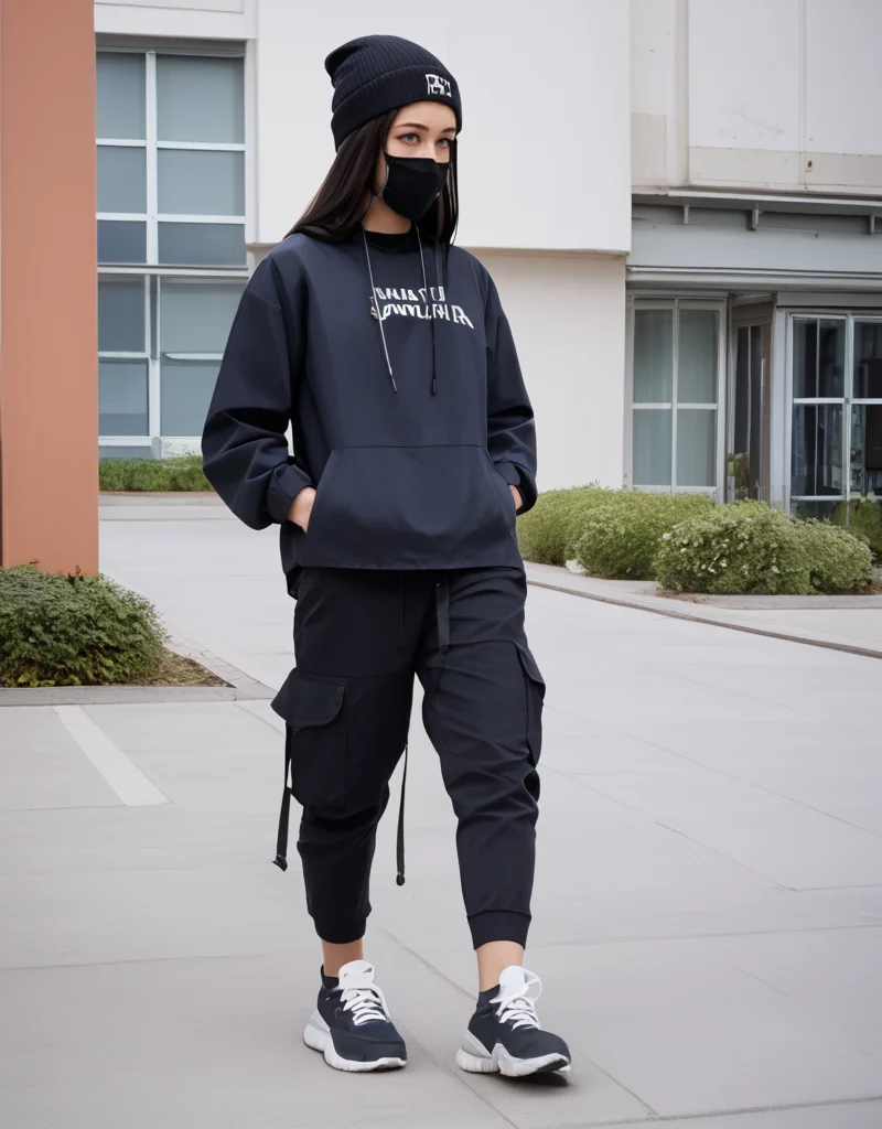 zPDXL2, <lora:TechwearV2:1>, t3chwear,
1girl, cute face, detailed eyes, long black hair, blue eyes, black face mask, black beanie, walking on a sidewalk, headphones, hands in pockets, full body