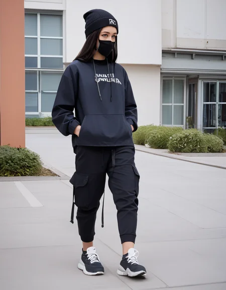 zPDXL2, <lora:TechwearV2:1>, t3chwear,
1girl, cute face, detailed eyes, long black hair, blue eyes, black face mask, black beanie, walking on a sidewalk, headphones, hands in pockets, full body