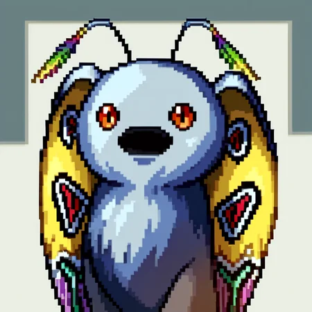 score_9, score_8_up, score_7_up, source_anime, BREAK, solo, looking at viewer, <lora:P1-Portraits-pdxl_Fp:1>, portrait, simple background, pixel art, pokemon \(creature\), <lora:Mothman-pdxl_Fp:1>, mothman, red eyes, open mouth, antennae, grey skin, wings,