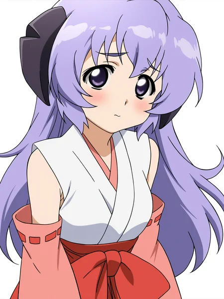 higurashikira, anime screencap, anime coloring, 1girl, hanyuu, solo, horns, medium breasts, purple eyes, purple hair, long hair, ((simple background, white background)), japanese clothes, miko, skirt, hakama, hakama skirt, red detached sleeves, red hakama, blush, looking at viewer, upper body, 
(masterpiece, best quality, absurdres, highres, newest, very awa, year 2024:1.2),  