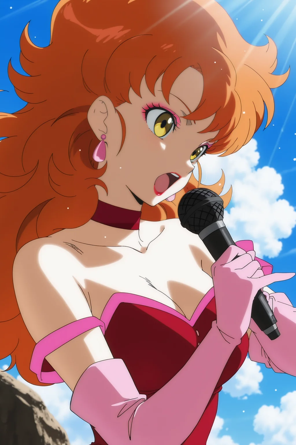 anime screencap, masterpiece, best quality, amazing quality, very aesthetic, absurdres, newest, (scenery, volumetric lighting), official style, dappled sunlight, light particles, light rays,
piiza, official style, 1girl, solo, long hair, orange hair, breasts, yellow eyes, makeup, lipstick, cloud, cleavage, collarbone, bare shoulders, medium breasts, earrings, red choker, off shoulder, elbow gloves, yellow legwear, pink gloves, red legcape, red leotard, upper body, rock, outdoors, holding microphone, day, sky, arm up, singing, open mouth, light rays,
<lora:GirlsofDB_Pack1_IL:0.8>