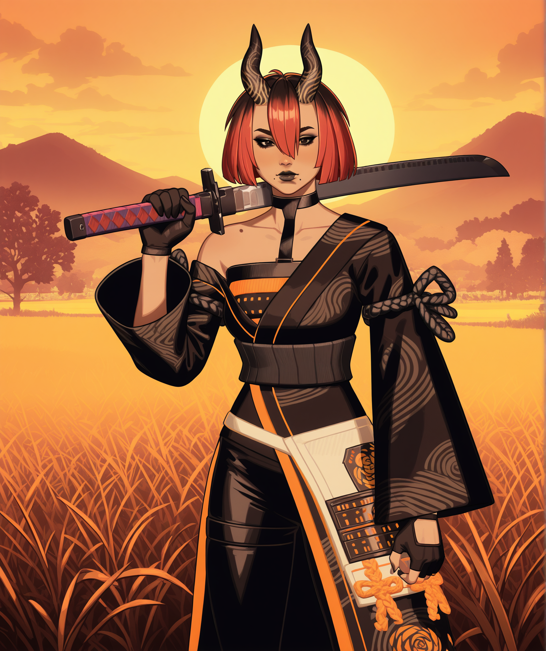 GLSHS,delicate colors,partially illuminated, masterpiece, absurdres, very awa, golden hour, orange theme, sunset, field, grass, (cowboy shot:1.5), holding a katana sword over shoulder, fortnitevoidburnnightrosedefault, 1girl, short hair, bob cut, bangs, blunt bangs, red hair, multicolored hair, two-tone hair, hair over one eye, hair between eyes, black eyes, black lips, makeup, lipstick, closed mouth, mole, moles, mole under mouth, moles under mouth, collarbone, bare shoulders, off shoulder, choker, black choker, horns, oni horns, demon horns, animal ears, gloves, fingerless gloves, black gloves, kimono, black kimono, japanese clothes, sash, obi, wide sleeves, long sleeves, dress, black dress, pants, black pants, boots, black footwear, cross-laced footwear, high heels, breasts <lora:GLSHS-IL:0.8>, <lora:Fortnite_The_Night_Rose_All_Outfits_ILXL:1>