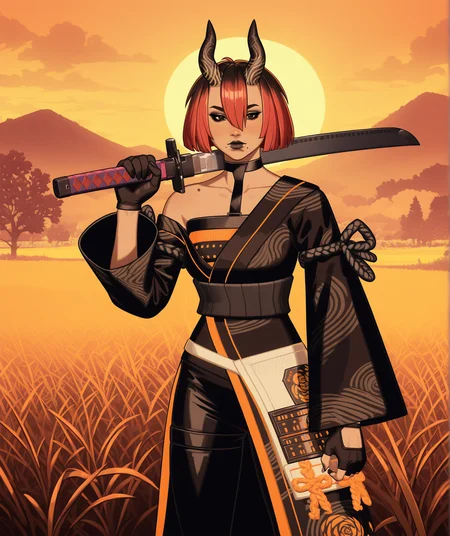 GLSHS,delicate colors,partially illuminated, masterpiece, absurdres, very awa, golden hour, orange theme, sunset, field, grass, (cowboy shot:1.5), holding a katana sword over shoulder, fortnitevoidburnnightrosedefault, 1girl, short hair, bob cut, bangs, blunt bangs, red hair, multicolored hair, two-tone hair, hair over one eye, hair between eyes, black eyes, black lips, makeup, lipstick, closed mouth, mole, moles, mole under mouth, moles under mouth, collarbone, bare shoulders, off shoulder, choker, black choker, horns, oni horns, demon horns, animal ears, gloves, fingerless gloves, black gloves, kimono, black kimono, japanese clothes, sash, obi, wide sleeves, long sleeves, dress, black dress, pants, black pants, boots, black footwear, cross-laced footwear, high heels, breasts <lora:GLSHS-IL:0.8>, <lora:Fortnite_The_Night_Rose_All_Outfits_ILXL:1>
