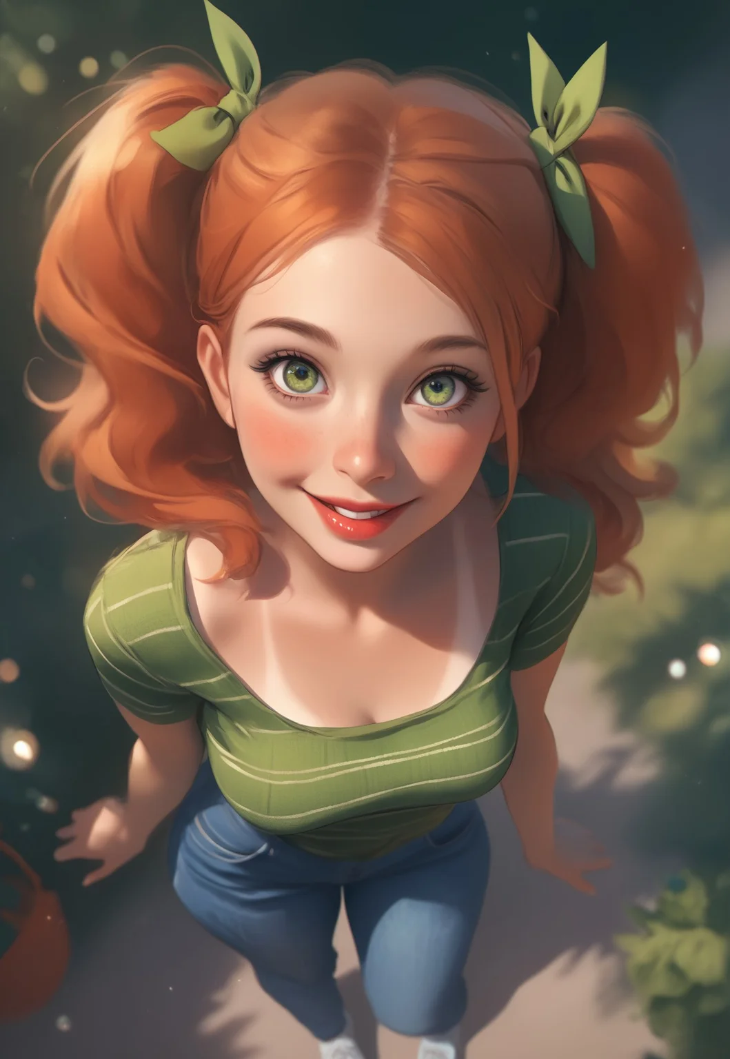score_9,score_8_up,score_7_up,score_6_up, girl, 22 years old, green eyes, red lips, ginger twin tails, green ribbons, 1 girl, standing, dressed in jeans and a white T-shirt, wide hips, thigh gap, happy, from above, looking at viewer, tan lines, lush garden background, cinematic colors, cinematic light, bokeh, xaxaxa 1_style