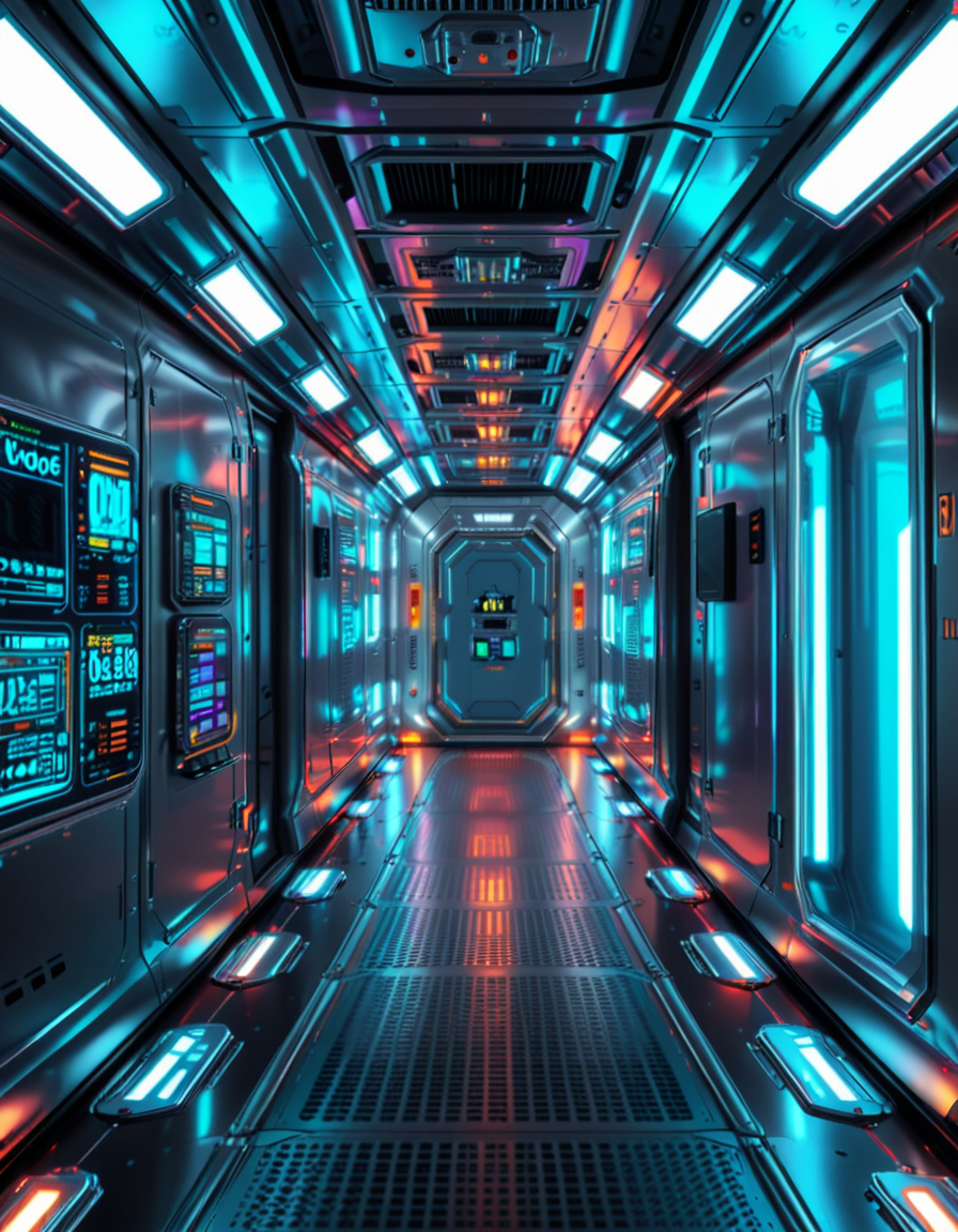 A highly detailed futuristic spaceship corridor, illuminated by soft neon blue and purple lights. The walls are made of sleek metallic panels, with glowing circuits and holographic displays integrated into the design. The floor is reflective and polished, with a faint grid pattern that emits a subtle white glow. Pipes and cables run along the ceiling, interspersed with small ventilation grids and blinking lights. The corridor stretches into the distance, creating a sense of depth, with a slight curve that hints at the massive scale of the spacecraft. The atmosphere feels clean, modern, and slightly sterile, with a sci-fi aesthetic inspired by movies like Blade Runner and Star Wars. The overall lighting is ambient and slightly dim, accentuating the futuristic ambiance. No characters or people are present, focusing entirely on the corridor's architecture and design.<lora:SDXLFaeTastic2400:0.4> <lora:extremely_detailed:0.4> extremely detailed, <lora:futuristic_spaceship_c0rr1d0r:1>,futuristic spaceship c0rr1d0r, Masterpiece,best quality,hi res,8k,hi res,8k,award winning,(sharp focus, intricate, highly detailed),