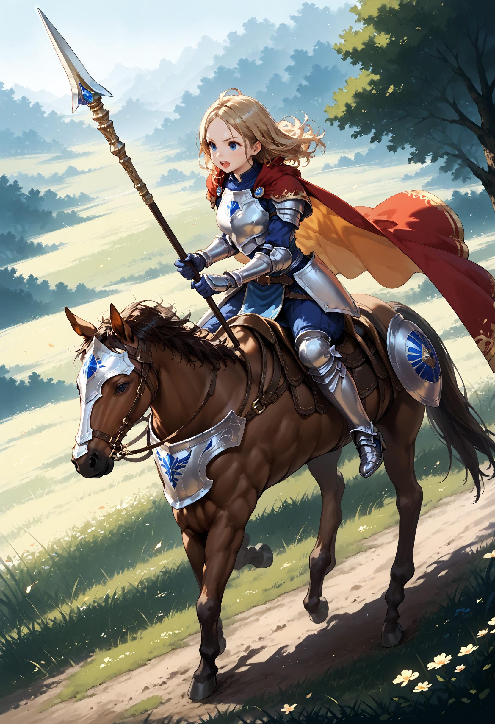 zPDXL3,extreme detailed,full_body BREAK nature,field,
<lora:Pony_DetailV2.0:1> BREAK 1girl,Cavalier,armor,cape,gloves,horse,horseback riding,(holding spear:1.3),<lora:cavaliar-v3-pony:0.8>,fighting stance,charging forward,open mouth,