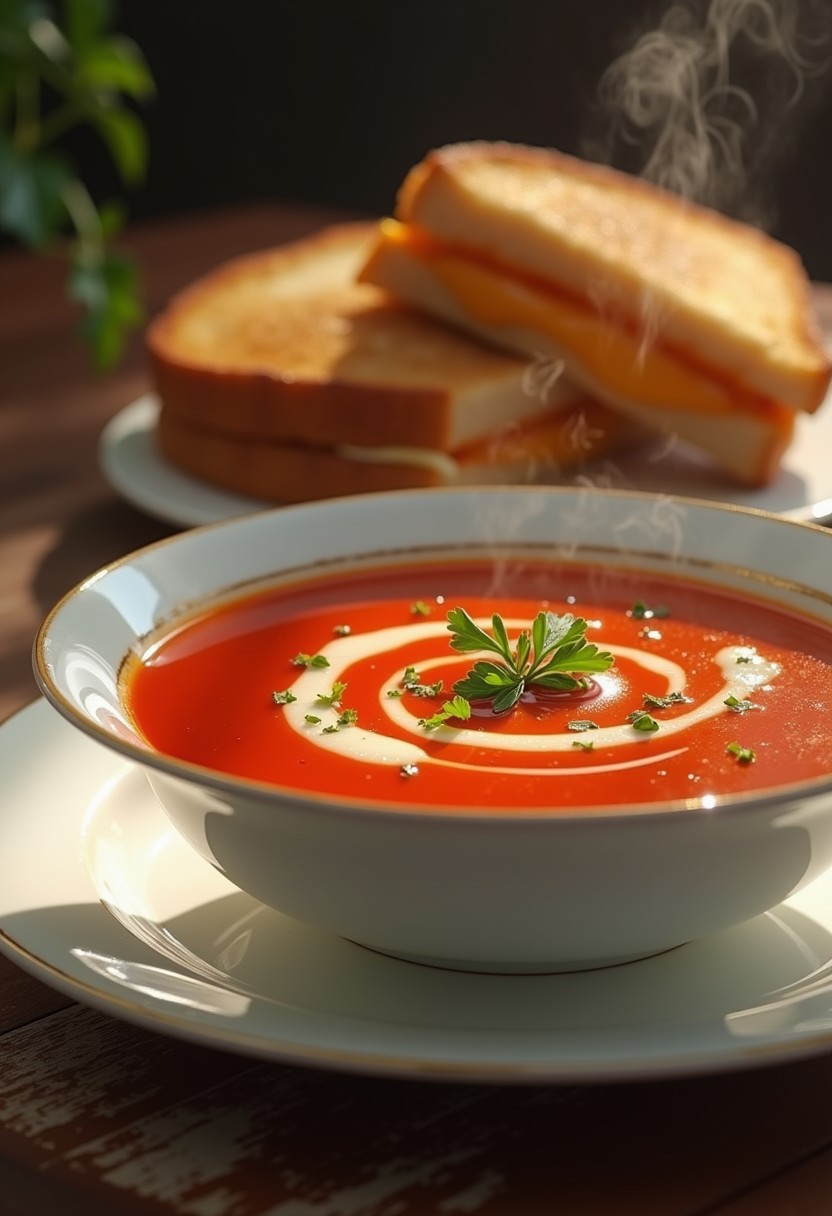 FIRST - A fancy soup plate of tomato soup, perfect red colored soup, sprinkled chopped parsley on top, a slight drizzle of cream in the middle, a bit of steam coming out,
SECOND - a perfectly toasted grilled cheese sandwitch, sliced diagonally, stacked, beautiful melted orange cheese coming out, relaxing atmosphere,
Photorealistic, Highly detailed, masterpiece, 4k, high resulution, great lighting, depth of field,