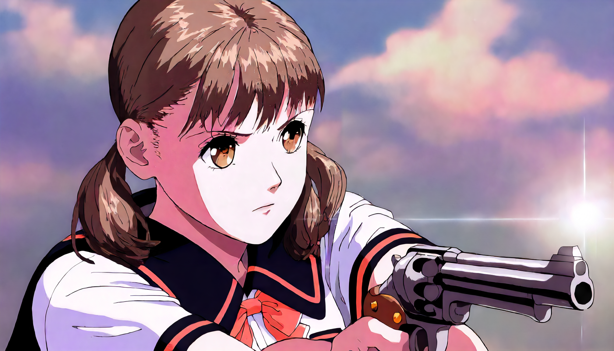 <lora:YS_AyanaFujisawaXLIllustrious005>,
masterpiece,best quality,good quality,newest,
detailed background,sky,lens_flare,glitter,
serious,
looking at another,
solo,
AyanaFujisawa,1girl,brown hair,low twintails,brown eyes,
black sailor color,white shirt,short_sleeves,bowtie,
upper body,
holding,revolver,aiming,standing,