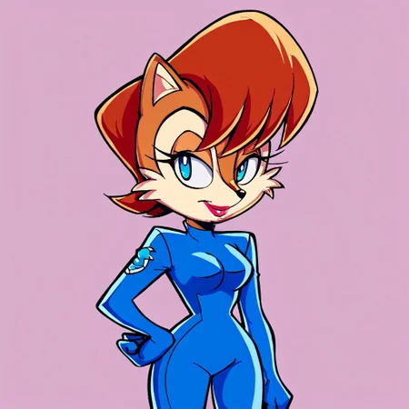 score_9, score_8_up, score_7_up, source_anime, 1girl, solo, sonicx_style, sally acorn, brown fur, two-toned fur, short hair, bangs, blue eyes, lipstick, makeup, blue bodysuit, cowboy shot