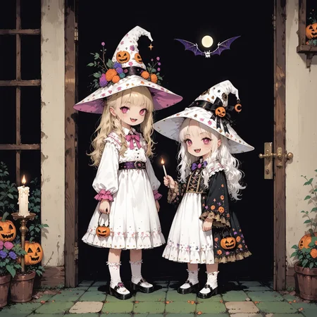score_9, score_8_up, score_7_up, source_anime, (((2girls))), standing next to each other, girla and girlb, (ultra HD quality details), anime, slightly chibi, BREAK, girla, on the left, witch costume, witch hat, smug expression, BREAK, girlb, on the right, vampire costume, fangs, BREAK, (detailed image, high resolution, 5k resolution:1.0), trick or treat, veranda, at the door, (holding candles), candy bags, halloween aesthetics, evening, d4rkpurp
