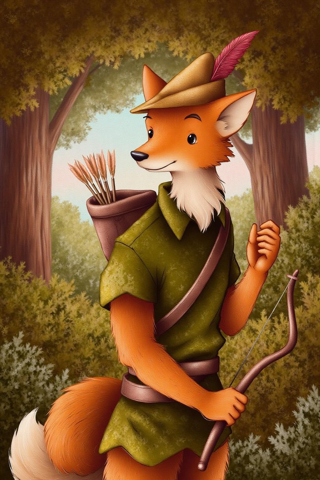 illustration.
An anthropomorphic fox standing upright, dressed as Robin Hood. It wears a green tunic, a quiver filled with arrows slung over its back, and a hat adorned with a red feather. The fox's fur is a warm orange color with a white underbelly and the tip of its bushy tail.
Background is Sherwood Forest. <lora:alicesa1_cap_d6a3:1.0><lora:830704399690133847:0>