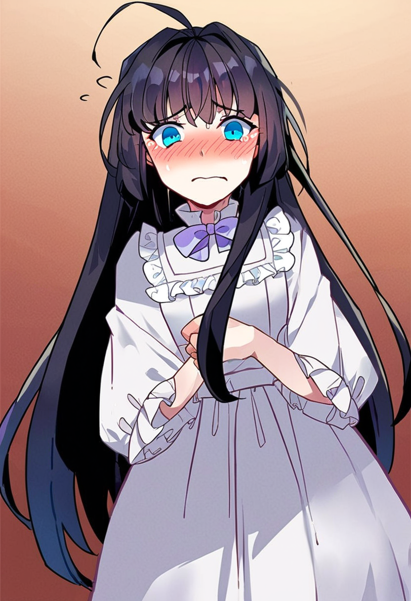 score_9,score_8_up,score_7_up,source_anime,zPDXL3,
*//*,<lora:BlancheFreidkin_v1.0:1.1>,blanche_freidkin1girl,blue eyes,black hair,long hair,hair intakes,ahoge,white dress,frilled dress,bow,
*//*,upper body,dutch angle,embarrassed,blush,