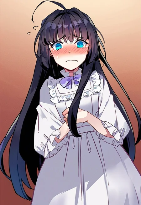 score_9,score_8_up,score_7_up,source_anime,zPDXL3,
*//*,<lora:BlancheFreidkin_v1.0:1.1>,blanche_freidkin1girl,blue eyes,black hair,long hair,hair intakes,ahoge,white dress,frilled dress,bow,
*//*,upper body,dutch angle,embarrassed,blush,
