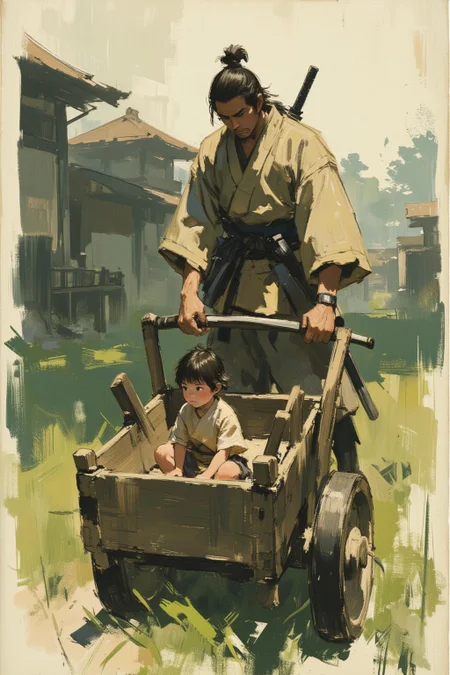 sketch painting. A stoic samurai dressed in traditional tattered kimono pushes a wooden cart through a serene yet dangerous landscape. Inside the cart sits a small child, quietly observing the world with wide eyes, drawing clear inspiration from "Lone Wolf and Cub." The samurai's hand grips the handle of the cart firmly, while his other hand rests on the hilt of his katana, ready for any threat. The background is a misty forest or ancient village, with hints of danger lurking in the shadows. The scene exudes a sense of duty, protection, and the quiet intensity of a warrior's journey. <lora:Eldritch_Paint_Sketch_for_Flux_1.0.5:0.5><lora:776873345481317061:0>