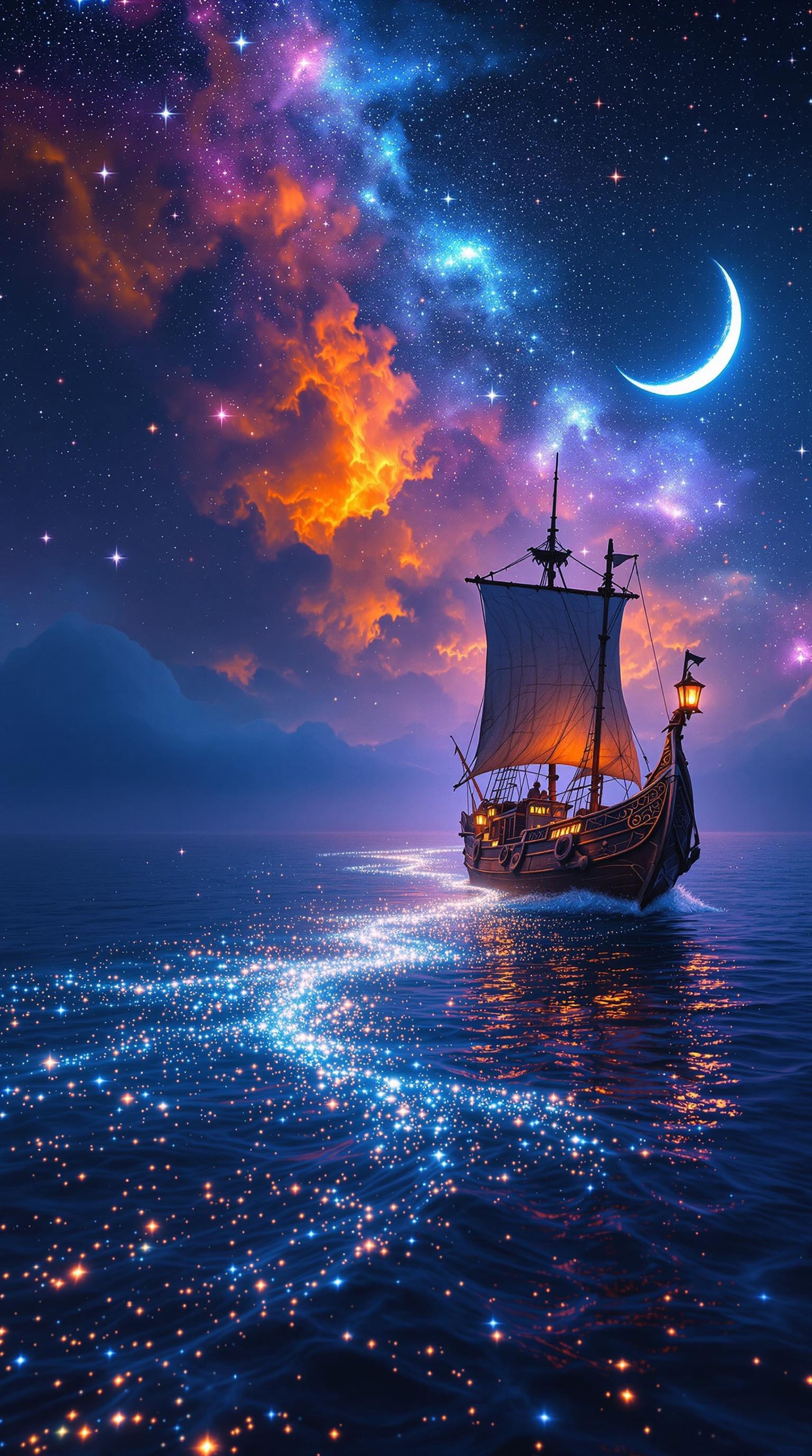 (high quality), (masterpiece), (detailed), 8K, Award-winning cinematic shot of a celestial seascape where a lone ancient vessel glides gracefully across the boundless, deep blue ocean. The ship, adorned with weathered sails and intricate carvings on its wooden hull, radiates timeless elegance and mystery. The night sky above is a breathtaking masterpiece, largely dominated by vibrant hues of orange, purple, and violet, seamlessly blending with the velvety blackness of the night. Stars shimmer brilliantly across the heavens, and a crescent moon bathes the scene in a soft, silvery glow. Wherever the ship journeys, a magical trail of glowing sparkles graces the water, merging with the bioluminescent shimmer of the waves to create an enchanting spectacle. The ethereal light reflects across the gently rippling ocean, harmonizing with the ship’s glowing lanterns and casting a dreamlike warmth over the composition. This awe-inspiring artwork evokes profound positive emotions—serenity, wonder, and hope—inviting those who gaze upon it to immerse themselves in its magic. A surreal symphony of light and color, this piece captivates with its vivid imagination and masterful detail, a testament to the beauty of the natural world and artistic brilliance. There are no watermarks whatsoever on the image