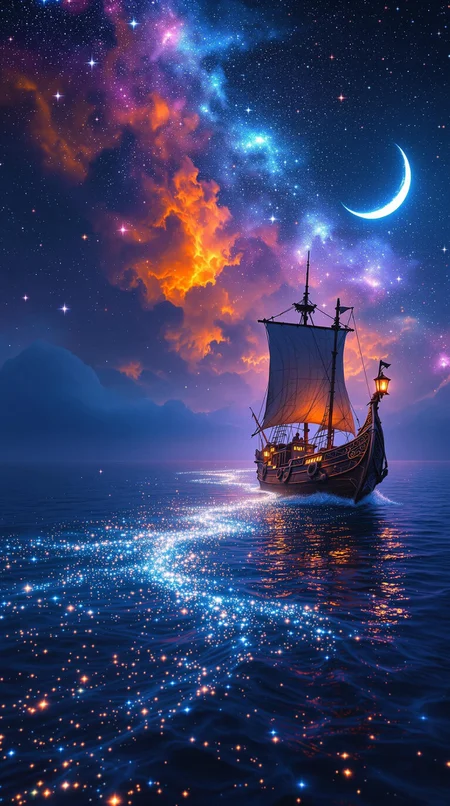 (high quality), (masterpiece), (detailed), 8K, Award-winning cinematic shot of a celestial seascape where a lone ancient vessel glides gracefully across the boundless, deep blue ocean. The ship, adorned with weathered sails and intricate carvings on its wooden hull, radiates timeless elegance and mystery. The night sky above is a breathtaking masterpiece, largely dominated by vibrant hues of orange, purple, and violet, seamlessly blending with the velvety blackness of the night. Stars shimmer brilliantly across the heavens, and a crescent moon bathes the scene in a soft, silvery glow. Wherever the ship journeys, a magical trail of glowing sparkles graces the water, merging with the bioluminescent shimmer of the waves to create an enchanting spectacle. The ethereal light reflects across the gently rippling ocean, harmonizing with the ship’s glowing lanterns and casting a dreamlike warmth over the composition. This awe-inspiring artwork evokes profound positive emotions—serenity, wonder, and hope—inviting those who gaze upon it to immerse themselves in its magic. A surreal symphony of light and color, this piece captivates with its vivid imagination and masterful detail, a testament to the beauty of the natural world and artistic brilliance. There are no watermarks whatsoever on the image