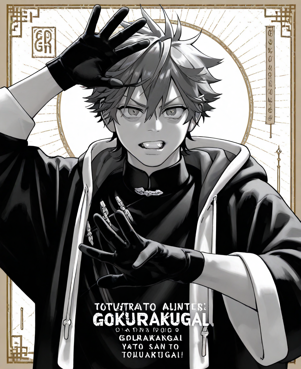 <lora:gokurakugai:1> gokurakugai,
(masterpiece), (best quality), (ultra-detailed), amazing quality, very aesthetic, illustration, perfect composition, intricate details, absurdres, incredibly absurdres, shiny skin, realistic,
 gokurakugai, 1boy, male focus, solo, gloves, looking at viewer, teeth, short hair, hair between eyes, upper body, hood, monochrome, robe, open hand, general