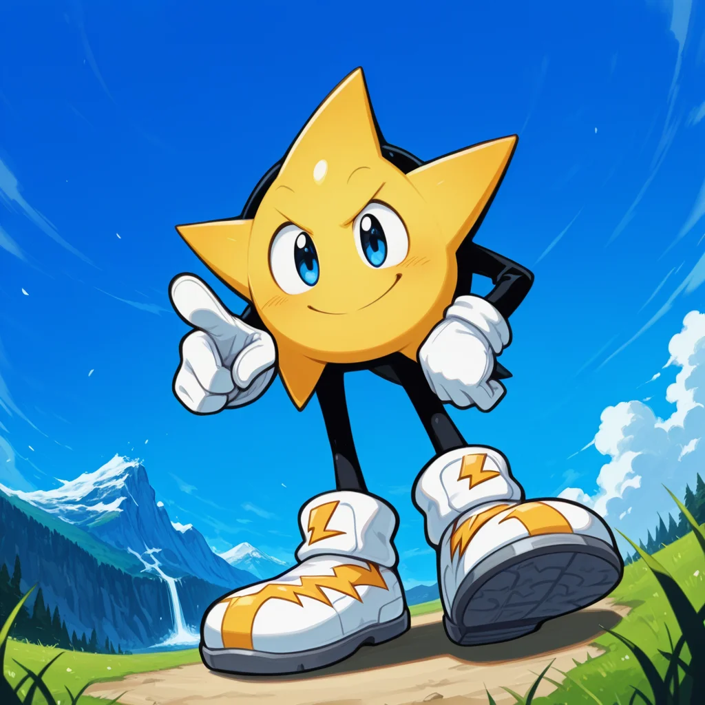 score_9, score_8_up, score_7_up, score_6_up,masterpiece,highly detailed,simple colors,1boy,from front perspective,ristar,facing viewer,white gloves, white shoes, white shoes,yellow lightning bolt logo on shoes,standing,hand on hip,pointing at viewer,smiling,Earth P4r4d1s3,blue sky,grass,waterfalls