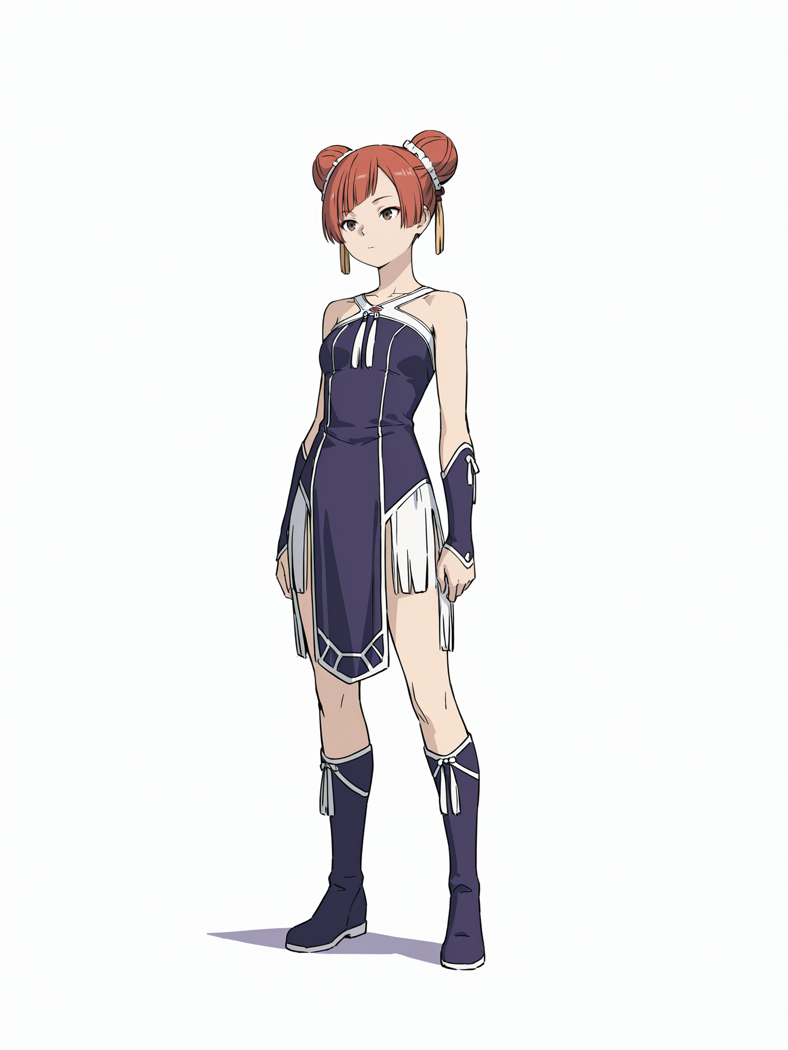 Laufen,Laufen,solo,double bun,full body,white background,dress,simple background,boots,standing,bare shoulders,ribbon,blue footwear,closed mouth,purple footwear,