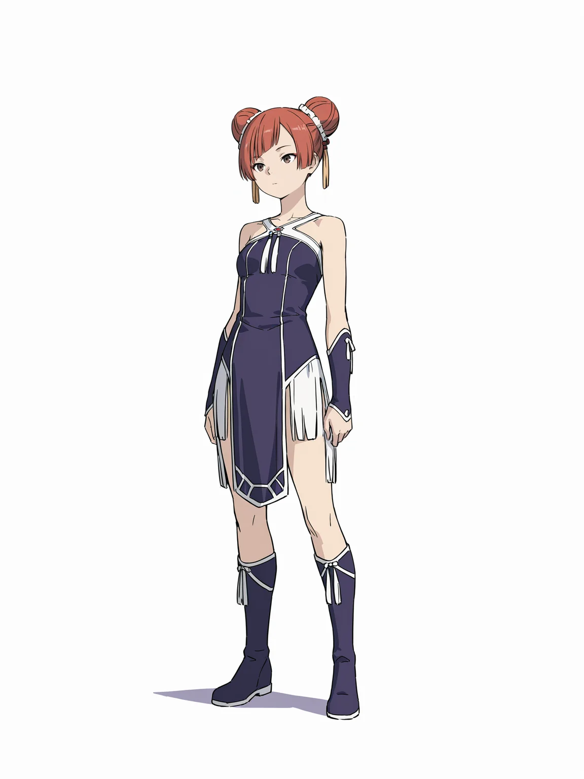 Laufen,Laufen,solo,double bun,full body,white background,dress,simple background,boots,standing,bare shoulders,ribbon,blue footwear,closed mouth,purple footwear,