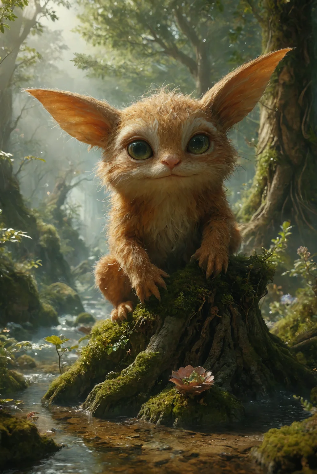 The cutest little creature on Earth, an undiscovered species. It has translucent skin, large, clear eyes, and delicate hands and legs. Its skin ranges from yellow to orange and is adorned with stripes, adding a playful pattern to its appearance. The creature has large, pointed ears that stick out sideways, giving it an endearing and whimsical look. It has chubby cheeks. The creature is sitting on a moss-covered branch, blending perfectly with the natural surroundings. The scene should evoke a sense of wonder and innocence, highlighting the creature's fragile beauty and enchanting appearance.
sharp focus, hyperdetailed photography, masterpiece, best quality, high quality, highres, ultra-detailed, best quality, 8K, high resolution, extreme detail, (outstanding composition:1.4)
<lora:add-detail-xl:2> <lora:MJ52:0.5> <lora:great_lighting:2> great lighting <lora:ral-fntsyrlms-sdxl:1> ral-fntsyrlms