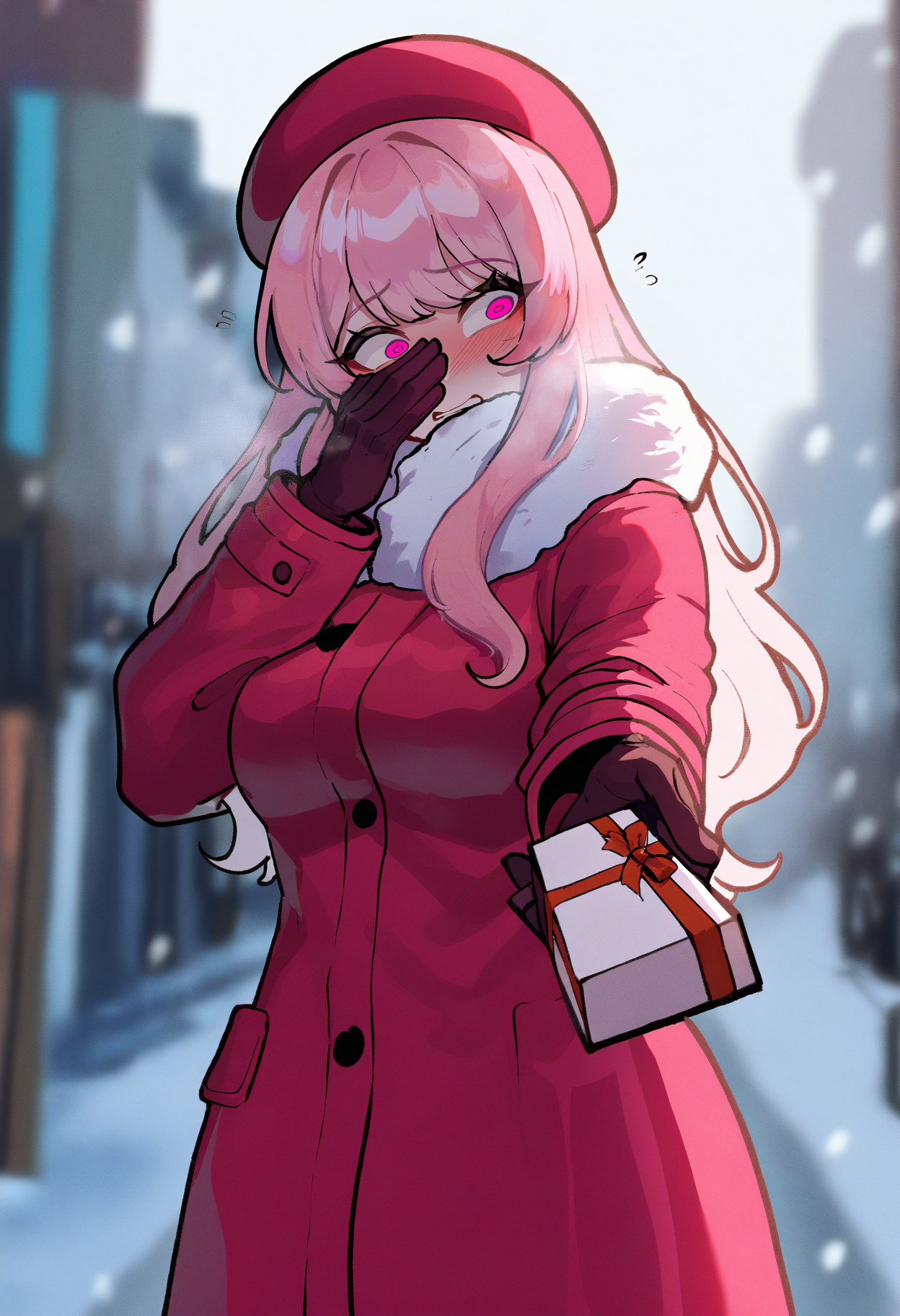 1girl,solo,gyaru,<lora:nyantcha nai 3.0:1>,th1ccw1thaq style,winter coat,hat,gloves,medium breasts,long hair,pink hair,pink eyes,bangs,wide-eyed,facepalm,blush,facing viewer,looking to the side,standing,holding gift,giving,incoming gift,masterpiece,best quality,(newest:1.1),highres,depth of field,in winter,snowing,street,