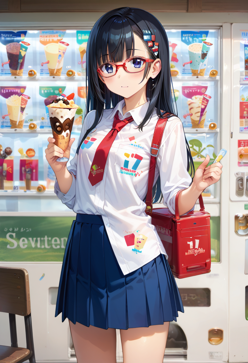 score_9, score_8_up, score_7_up, rating_safe, masterpiece, best quality, absurdres, unity 8k wallpaper, official art, official style, source_anime, uncensored, game cg, megami magazine,
1girl, solo, glasses, black hair, long hair, blue eyes, collared shirt, red necktie, pleated skirt, blue skirt, looking at viewer, blush, holding, hollding food, 
17ice, vending machine, food, ice cream, still life, english text, scenery, 
<lora:17ice_PONY_V1:1>