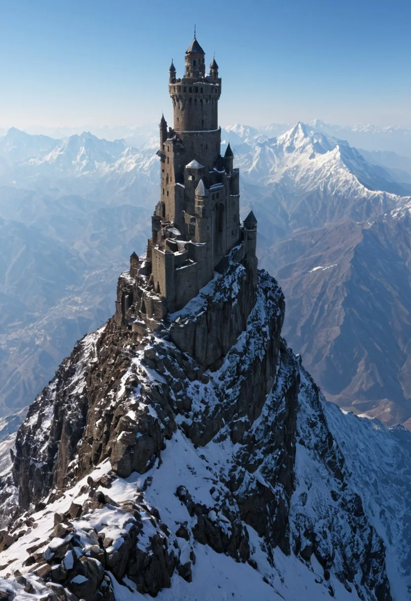 <lora:TheWeirdies_epoch_10:0.55> , advntr , epiCPhotoGasm-colorfulPhoto,
score_9, score_8_up, score_7_up, score_6_up
Durlag's Tower was hollowed out the mountain for the rock that made up his tower and used the space created to hide further treasure. This local landmark was the isolated keep of within the remains of the tower and used the defenses created by Durlag to keep both itself and the treasure safe. Some claimed that this creature was a lich.
no humans
(Tower fortress high on the highest peak of the highest mountain with all other sharp and snowing peaks far below . The tower looks out over a side vista of the tops of countless mountains in a huge range like the Himalayas, snow and frost cover every surface. ) ((maximum detail, supreme quality, 4k, best clarity))