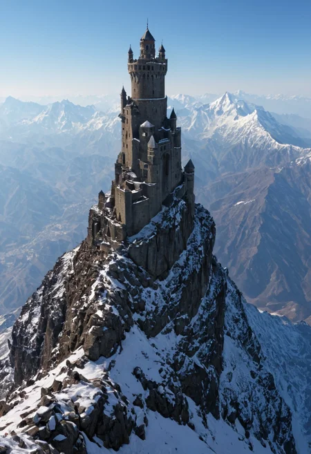 <lora:TheWeirdies_epoch_10:0.55>  , advntr , epiCPhotoGasm-colorfulPhoto, 
score_9, score_8_up, score_7_up, score_6_up
Durlag's Tower was  hollowed out the mountain for the rock that made up his tower and used the space created to hide further treasure. This local landmark was the isolated keep of within the remains of the tower and used the defenses created by Durlag to keep both itself and the treasure safe. Some claimed that this creature was a lich.
no humans
(Tower fortress high on the highest peak of the highest mountain with all other sharp and snowing peaks far below . The tower looks out over a side vista of the tops of countless mountains in a huge range like the Himalayas, snow and frost cover every surface. ) ((maximum detail, supreme quality, 4k, best clarity))