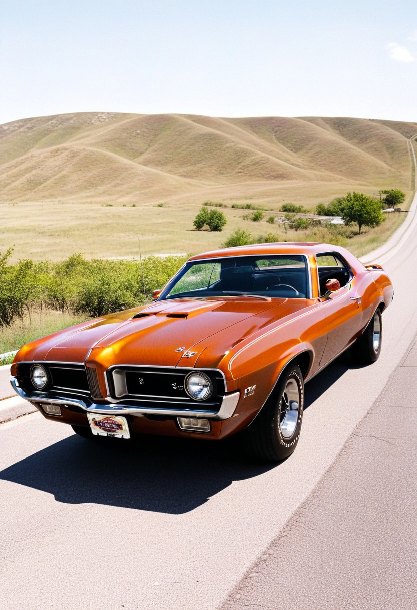 car, ClassicMuscleCar, amber car,  MercuryCougar1970, Mercury Cougar,  on the road,  perfect lighting,  wallpaper,  commercial photo, 4K, highly detailed, (stylish grainy analog 35mm film photo)
