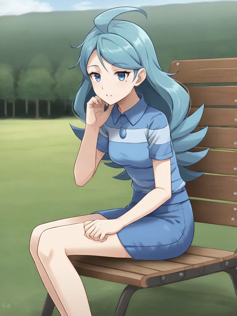 <lora:kahilitsukishiro:0.8>
1girl, solo, kahiligolf, blue hair, long hair, flipped hair, swept bangs, ahoge, blue eyes, mole under eye, blue shirt, striped shirt, collared shirt, short sleeves, blue skirt, sitting, outdoors, chair, grass, camp, parted lips,