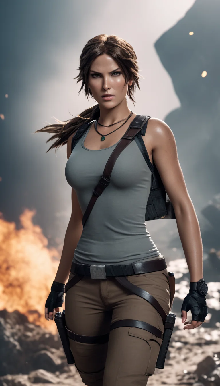 cinematic photo Cinematic scene, hero view, Lara Croft <lora:lara_croft_xl_v2:1>, action pose, detailed background, masterpiece, best quality, high quality, highres, absurdres . 35mm photograph, film, bokeh, professional, 4k, highly detailed