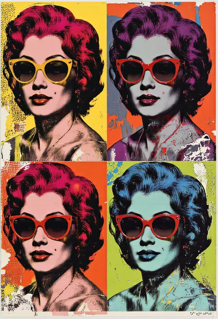 A striking Andy Warhol-inspired portrait of a fictional celebrity, a glamorous woman with oversized sunglasses and voluminous hair, her face repeated in a grid of six panels. Each panel uses a different vivid color scheme: hot magenta and yellow, icy blue and orange, violet and lime, etc., with bold outlines and a slightly misaligned silk-screen effect. Her expression is enigmatic, lips glossy and exaggerated, skin tones unnaturally saturated. Background features a mix of halftone patterns and splashes of paint drips, evoking a chaotic yet controlled pop-art energy. Ultra-detailed, with crisp edges and a glossy, magazine-like finish. andywarhol1 illustration <lora:andywarhol1_cap_d6a3:1>