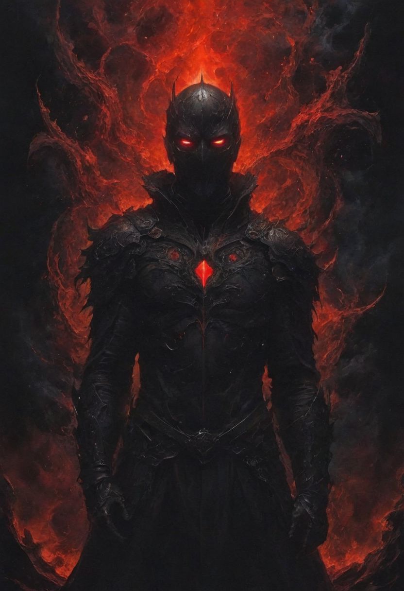 deep endless black, a man standing alone in the void, Eldritch, a knight in armor of the deepest black, tidal waves of crimson, desolation, a mask that hides his essence, evil villain, (high contrast, deep shadows, glowing red accents)