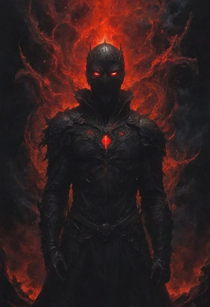 deep endless black, a man standing alone in the void, Eldritch, a knight in armor of the deepest black, tidal waves of crimson, desolation, a mask that hides his essence, evil villain, (high contrast, deep shadows, glowing red accents)