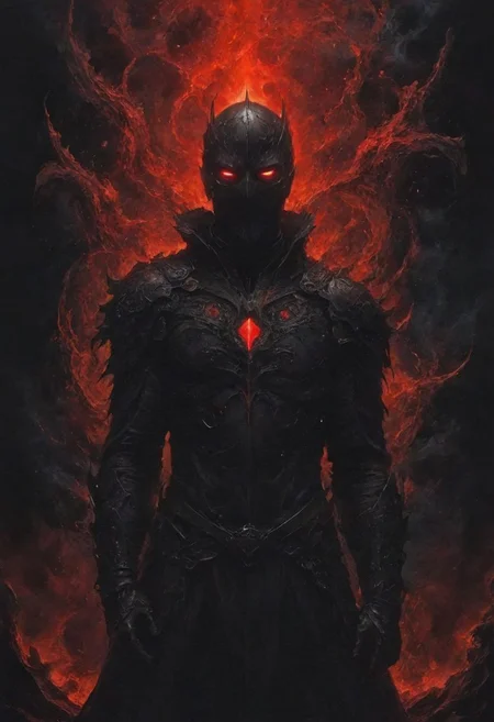 deep endless black, a man standing alone in the void, Eldritch, a knight in armor of the deepest black, tidal waves of crimson, desolation, a mask that hides his essence, evil villain, (high contrast, deep shadows, glowing red accents)