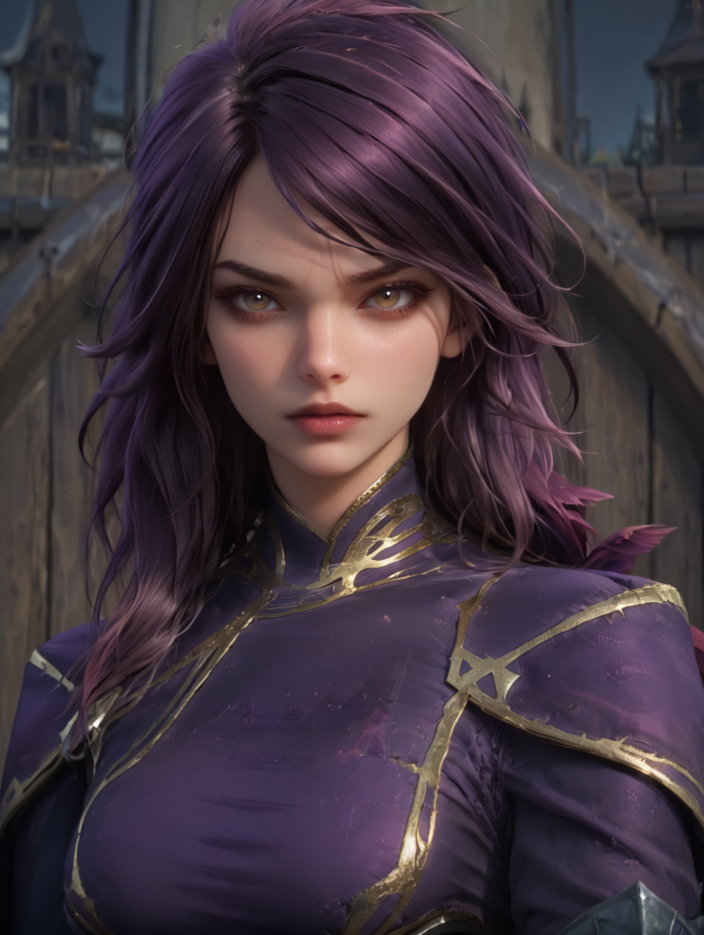1girl, morgana (league of legends), morgana, (official cinematic), (league of legends), messy purple hair, purple armored dress, <lora:MorganaPonyV1:0.8>
looking at viewer, arms on side,
