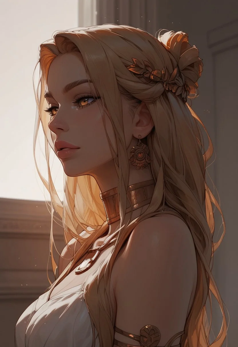 (score_9, score_8_up, score_7_up). ( line work, excellent drawing, highest quality, extremely detailed:1.2). 1woman, Greek Goddess Aphrodite, perfect face, beautiful gold eyes, long lashes, glossy lips, blonde, ancient greek dress, g0thicPXL, romantic, cinematic lighting, volumetric lighting, motion effects, source_cartoon