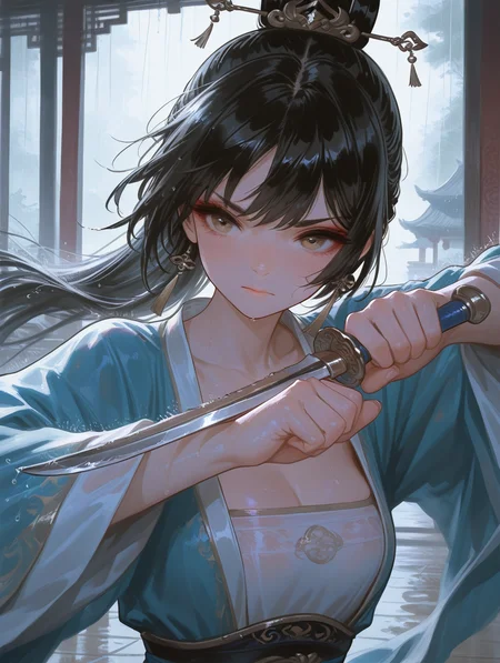 masterpiece, best quality, amazing quality, very aesthetic, absurdres, newest, hanfu girl,Cinematic Lighting,with a chinese dagger,rain,portrait,Just dancing,In battle, BREAK chinese characters, <lora:ponyv4_noob1_2_adamW-000017:0.68> <lora:USNR_STYLE_XL_lokr:1>