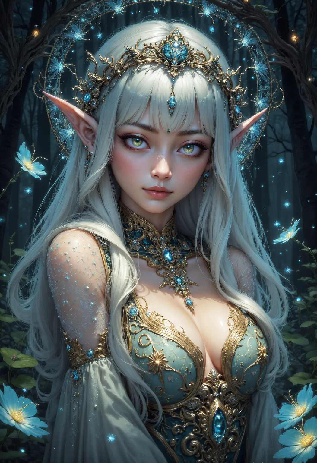 high-quality, masterpiece, (Photo of a beautiful elven princess with a glowing tiara, in an enchanted forest with sparkling fireflies around, eyes radiating wisdom and kindness, intricate floral patterns on her dress shimmering, ultra-detailed, high contrast, ethereal lighting, dynamic composition, elaborately detailed attire with extraordinary elements:1.1), (art by Junji Ito:1.2), (elaborate fine details:1.1), (elaborately detailed attire with extraordinary elements and headdress:1.1), (hyperdetailed:1.1), (intricate details:1.0), (Refined details:1.1), (best quality:1.1), (high resolution:1.2),