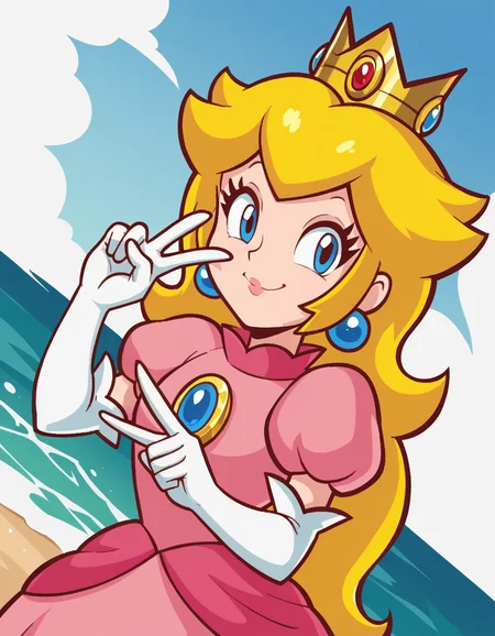 score_9, score_8_up, score_7_up, source_anime, <lora:super-princess-peach-ingame-ponyxl-lora-nochekaiser:1>, princess peach, blonde hair, blue eyes, long hair,, crown, dress, gem, gloves, pink dress, puffy short sleeves, puffy sleeves, short sleeves, white gloves,, shore, rocks, sand, waves, water, smile, v, v over mouth, smug,, looking at viewer, solo,, dutch angle, cowboy shot