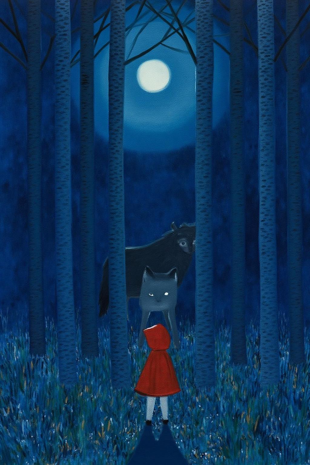 mawo1 painting.
A painting created in an impressionistic style. 
Little Red Riding Hood is walking through a forest at night.  There is a full moon above the tall trees.  There is a wolf hidden behind the trees.
 <lora:mawo1_cap_d6a3e12:1.0><lora:821399383108142942:0>