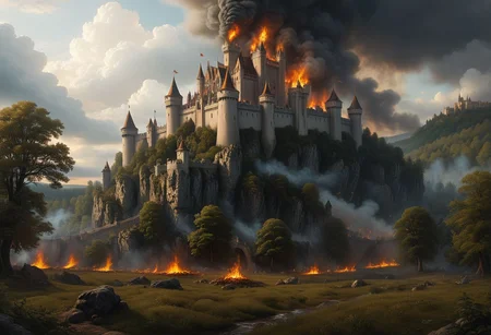 A Gothic castle with spires that reach towards the clouds, surrounded by a dark and mysterious forest,, Spotlighting, besieged by army, fires burning, thousands of soldiers storming ramparts, castle on fire, hundreds of archers shooting arrows, battle raging, ambient occlusion, 8K, RTX 3090, trending on artstation, lumens <lora:SDXLFaeTastic2400:0.8> <lora:EnvyFeverDreamXL01a:0.7> <lora:The_Classic:0.8>