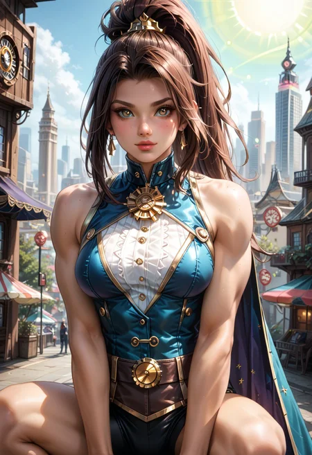 score_9, score_8, score_7, Freckled furry girl, captivating eyes glowing lime amidst swirling psychedelic patterns, crouching nimbly amidst the towering mirrored structures of a Steampunk cityscape. Her breast swelling beneath a sleeveless muscle shirt, her long brown shag cut hair cascading down her back into a high ponytail, a cape billowing around her petite frame. The city, alive with plantlife, watches in wonder as she gracefully moves, her actions hinting at a hidden, mysterious agenda.