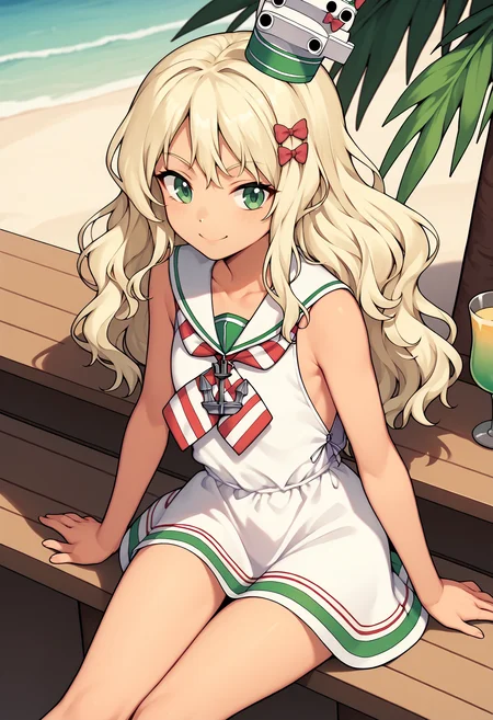 score_9, score_8_up, score_7_up, score_6_up, score_5_up, score_4_up, BREAK, cowboy shot, beach, sitting, bar \(place\), italian flag, smile, 
<lora:grecalev1:1>, grecalekc, blonde hair, green eyes, hair bow, tan, grecalebase, long hair, wavy hair, sleeveless dress, neckerchief, white sailor collar, anchor, hat,