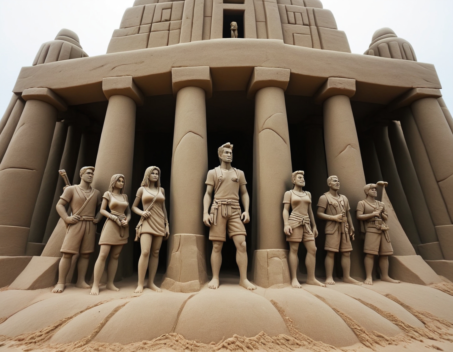 In a sand sculpture style,  <lora:Sand-Sculpture-Style-SCG:0.85>,, A group of adventurers standing before an ancient temple, booby traps awaiting inside.