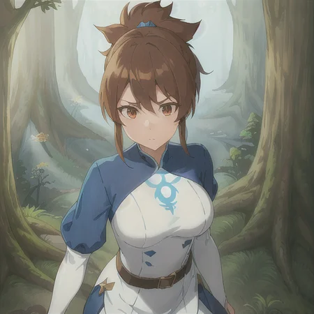a woman, forest, blue sleeves and white outfit,very short ponytail, brown belt, standing <lora:marc1:0.7>, perfect resolution, illustration, dota dragon's blood style